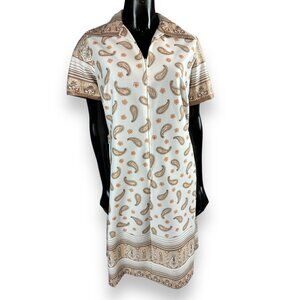 Vtg 60s 70s Gayle Evans Maxi Hostess Dress Full Zip Ivory Brown Paisley Sz 16.5